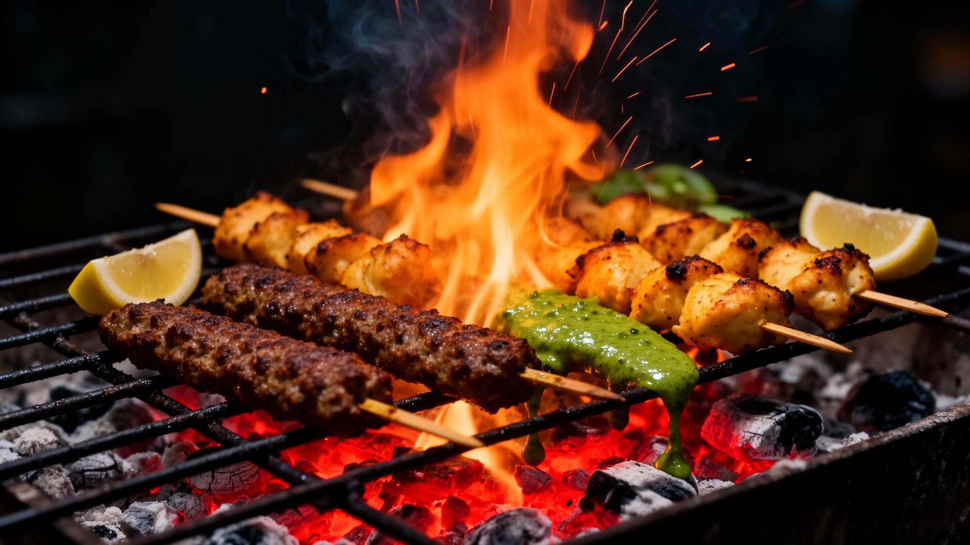Sizzling kebabs on a charcoal grill